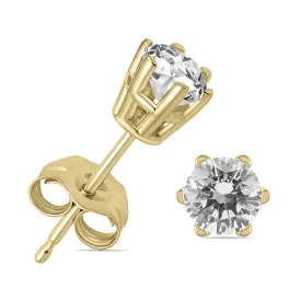 1/2 Carat Tw 6 Prong Round Diamond Solitaire Stud Earrings In 14K Yellow Gold