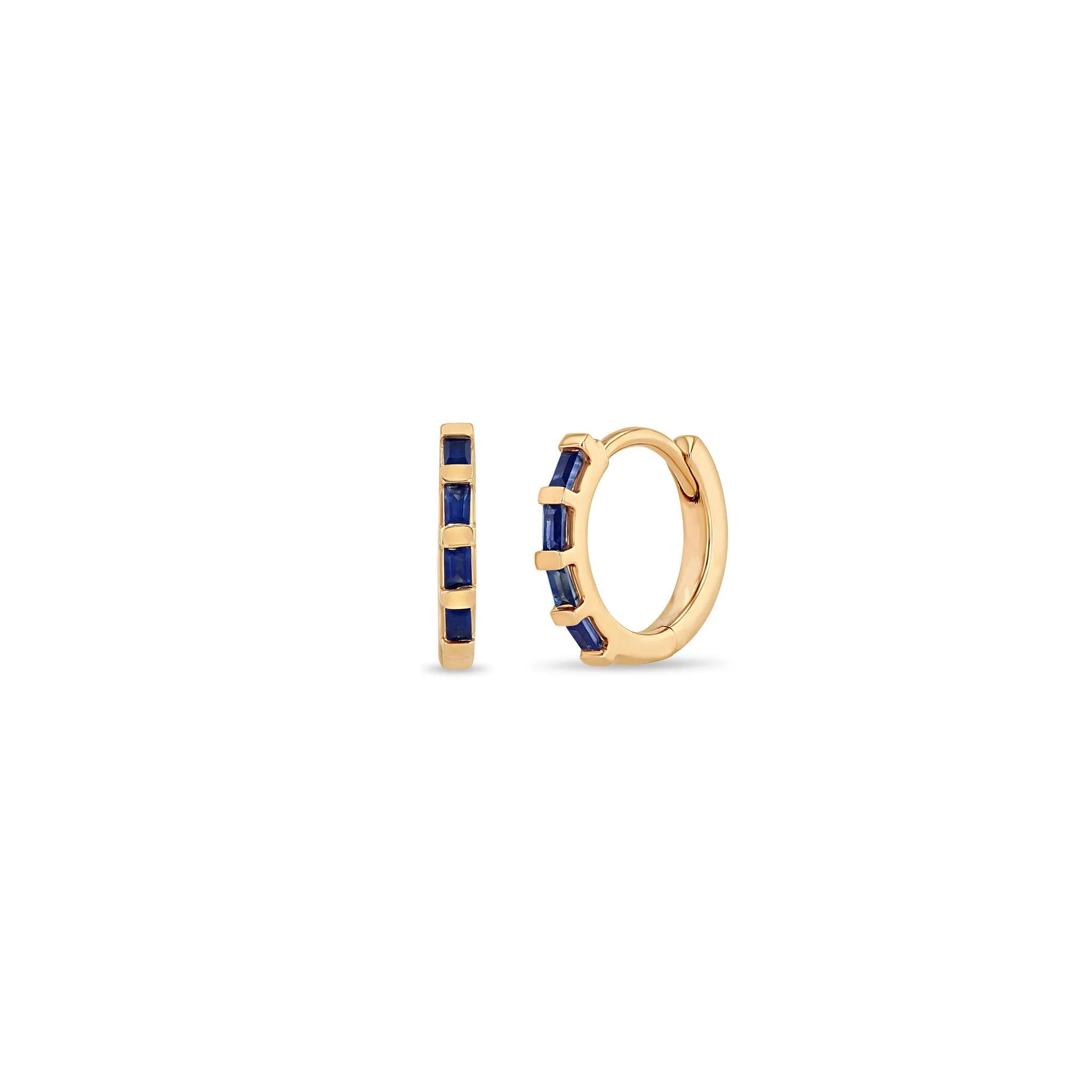 14k Baguette Blue Sapphire Hinge Huggie Hoops