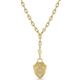 14k Diamond Mosaic Brushed Gold Shield Adjustable Chain Necklace