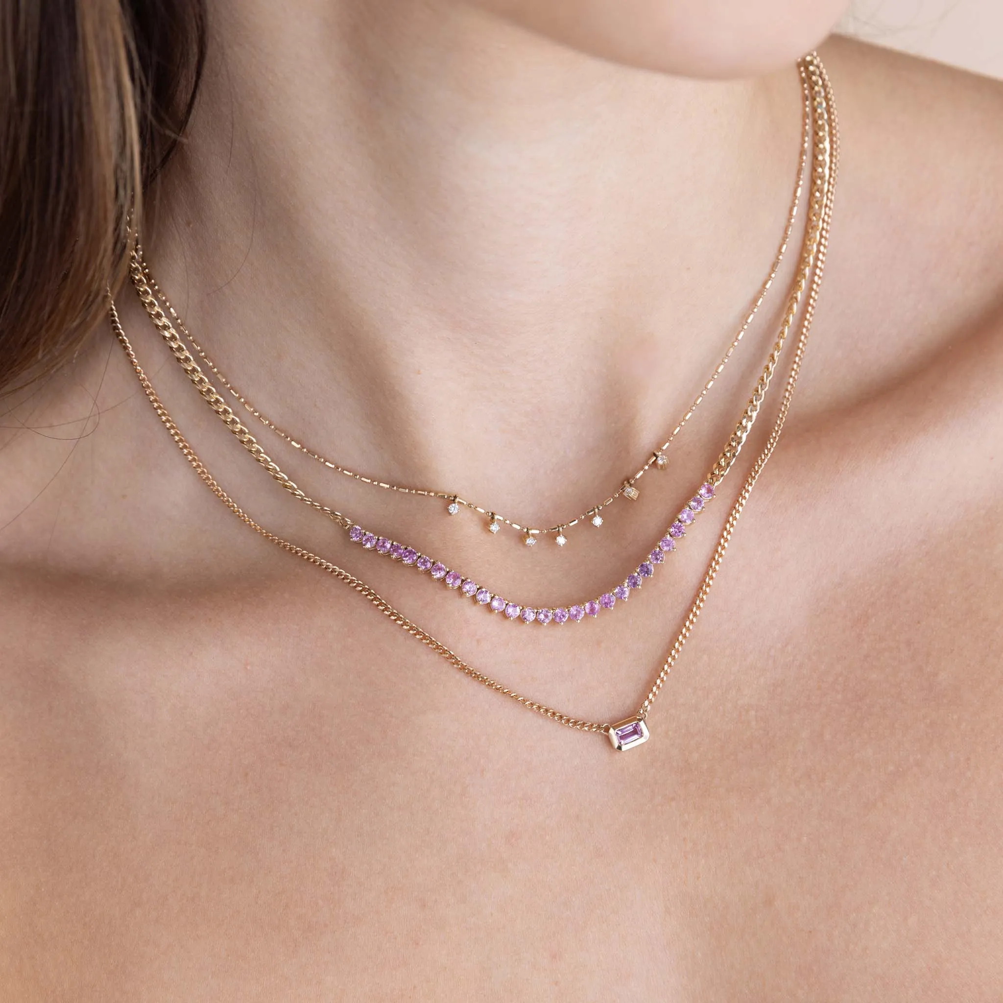 14k Emerald Cut Pink Sapphire Bezel XS Curb Chain Necklace