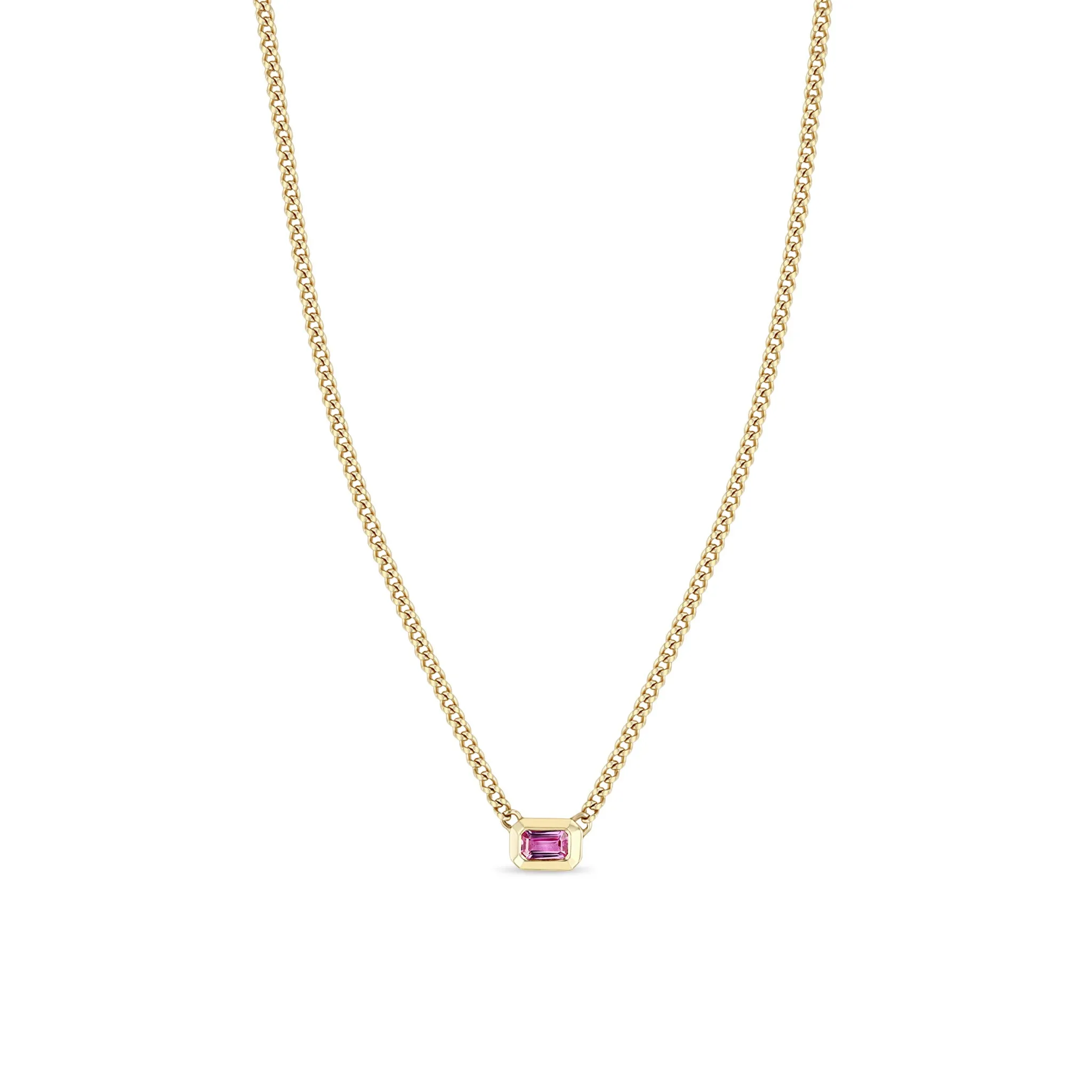 14k Emerald Cut Pink Sapphire Bezel XS Curb Chain Necklace