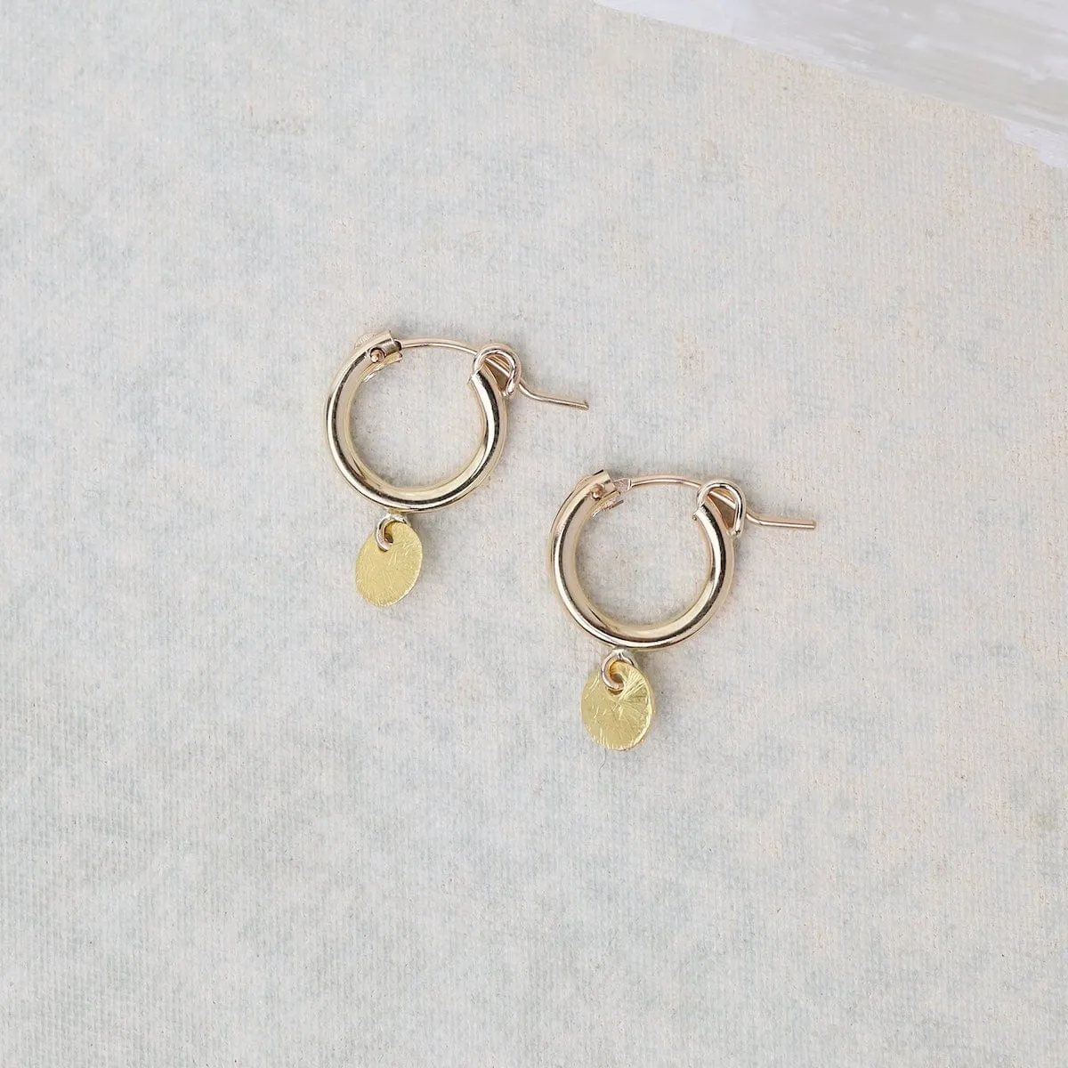 14K Gold Fill Brushed Hanging Disk Gold Vermeil Hoop Earrings