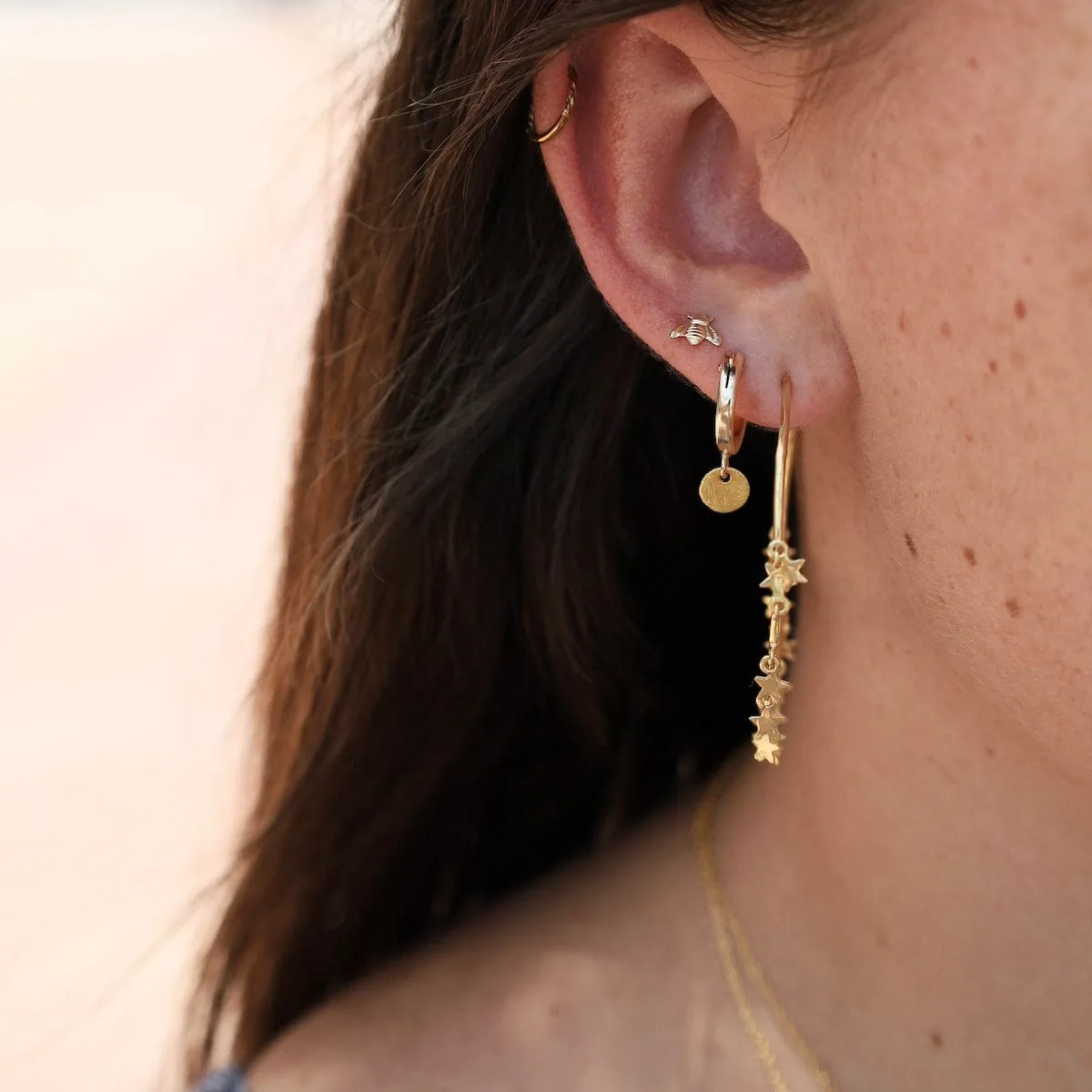 14K Gold Fill Brushed Hanging Disk Gold Vermeil Hoop Earrings