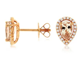 14K Rose Gold Morganite and Diamond Halo Stud Earrings