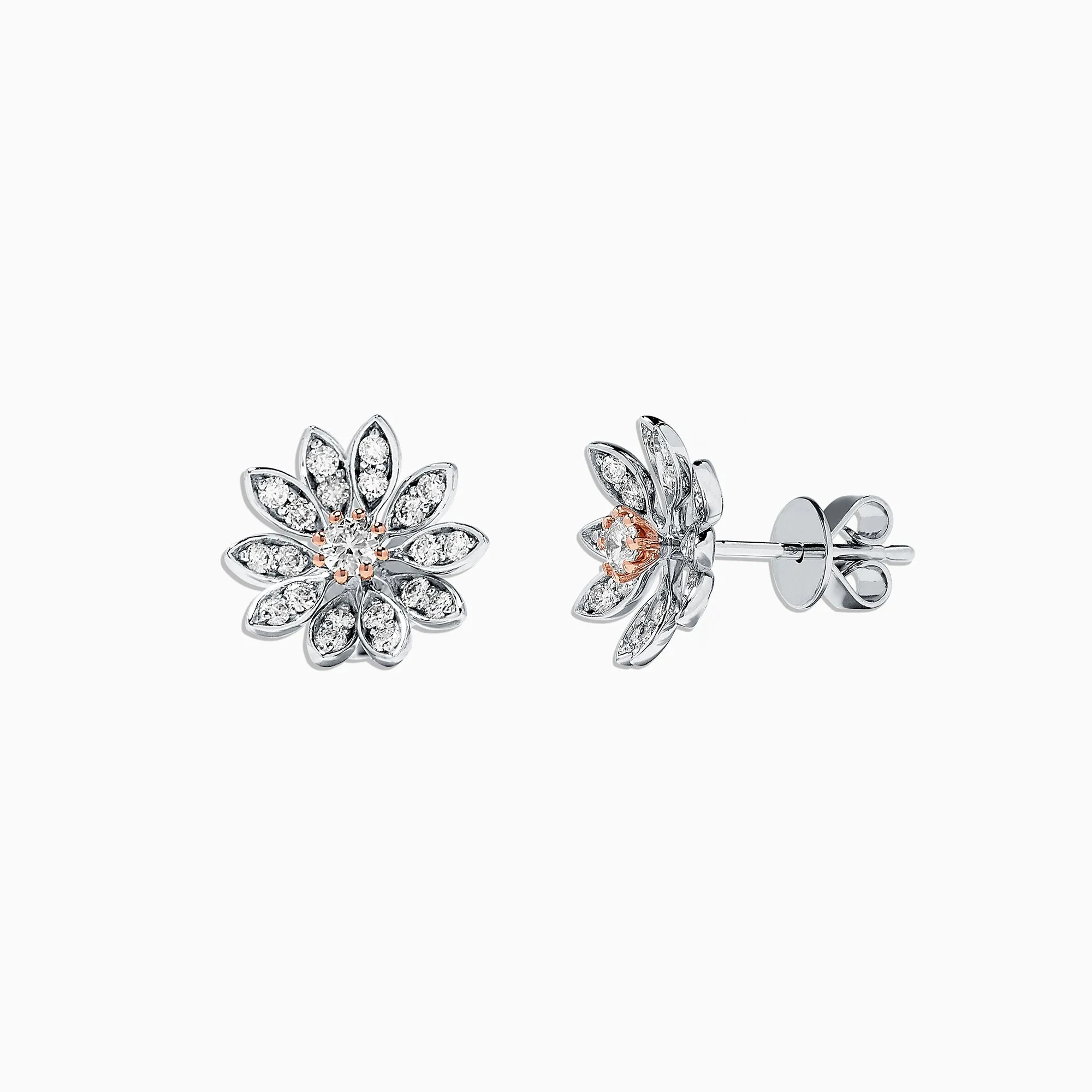 14K Two Tone Gold Diamond Flower Stud Earrings, 0.53 TCW