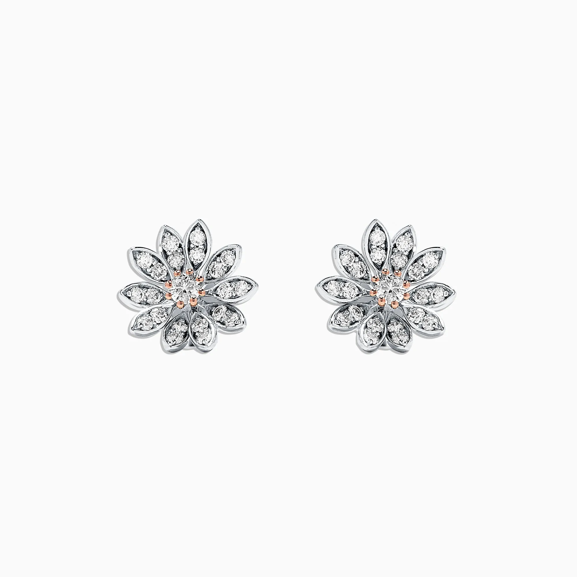 14K Two Tone Gold Diamond Flower Stud Earrings, 0.53 TCW