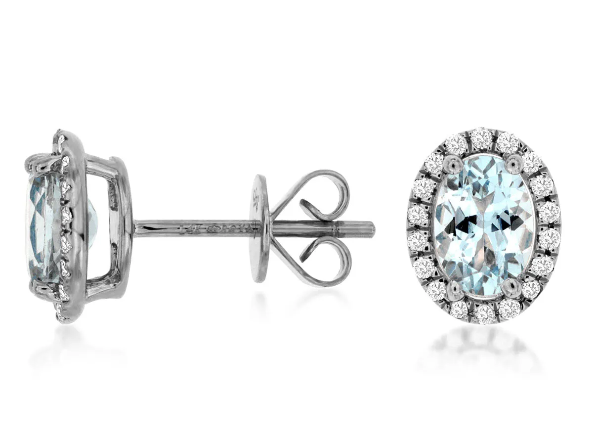 14K White Gold Aquamarine and Diamond Halo Stud Earrings