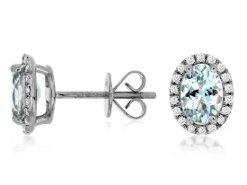 14K White Gold Aquamarine and Diamond Halo Stud Earrings