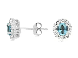 14K White Gold Aquamarine and Diamond Stud Earrings