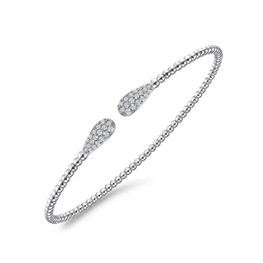 14K White Gold Bead Cuff Bracelet with Diamond Pave Teardrops