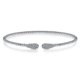 14K White Gold Bead Cuff Bracelet with Diamond Pave Teardrops