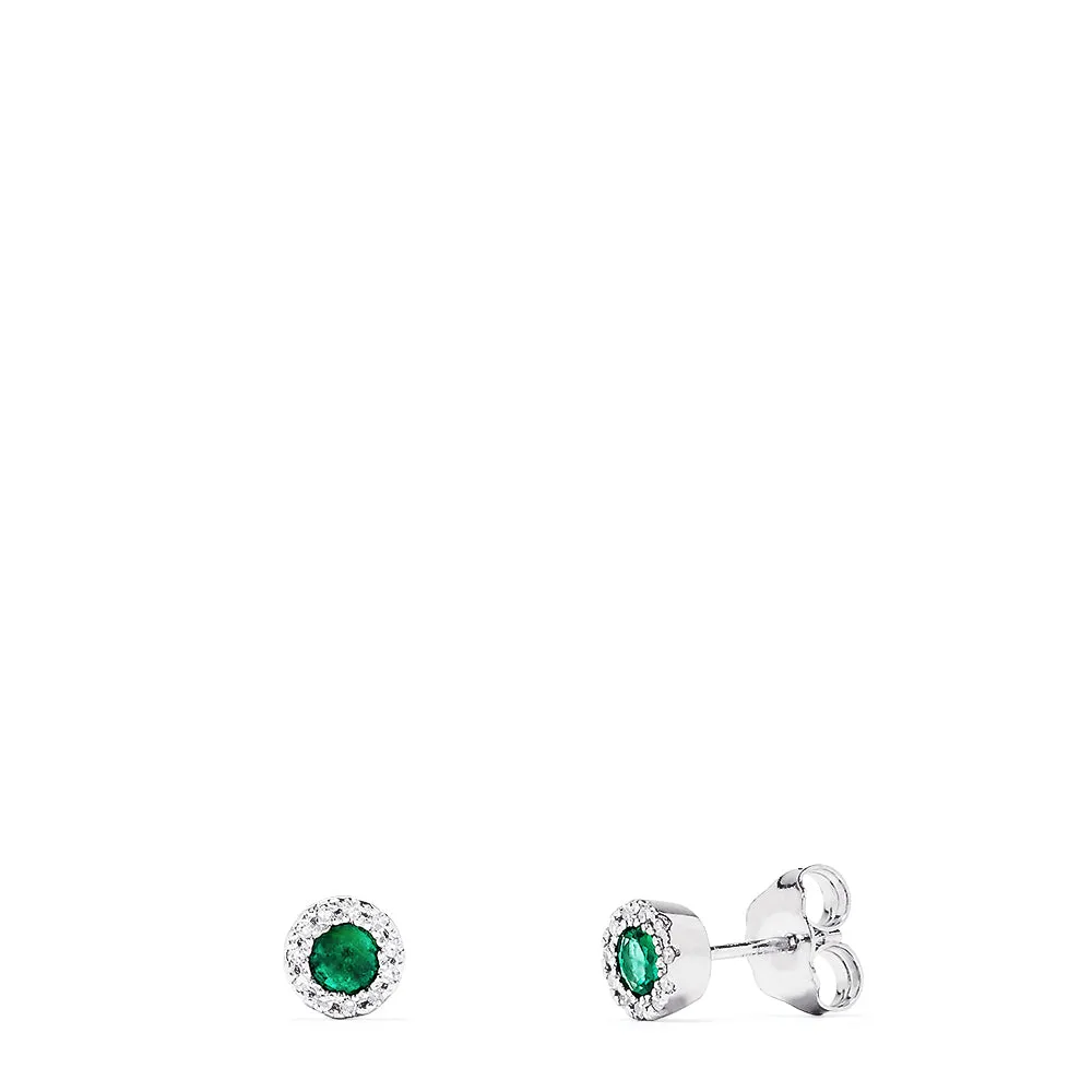 14K White Gold Round Diamond Halo Emerald Stud Earrings, 0.39 TCW