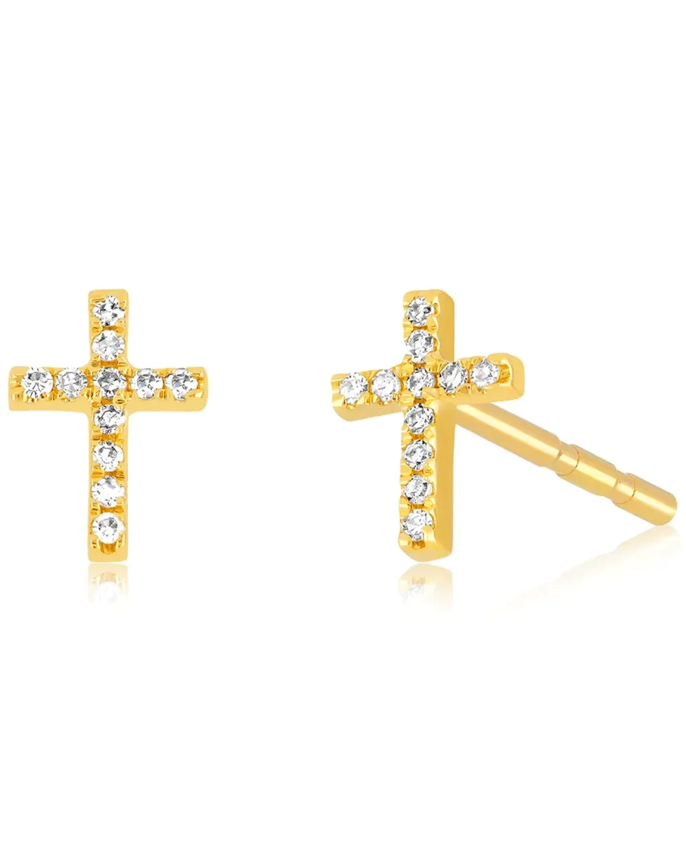 14k Yellow Gold Baby Diamond Cross Stud Earrings