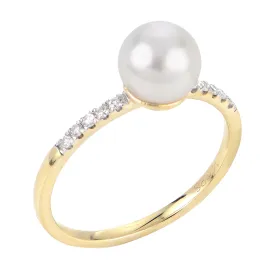 14K Yellow Gold Classic Pearl And Diamond Ring