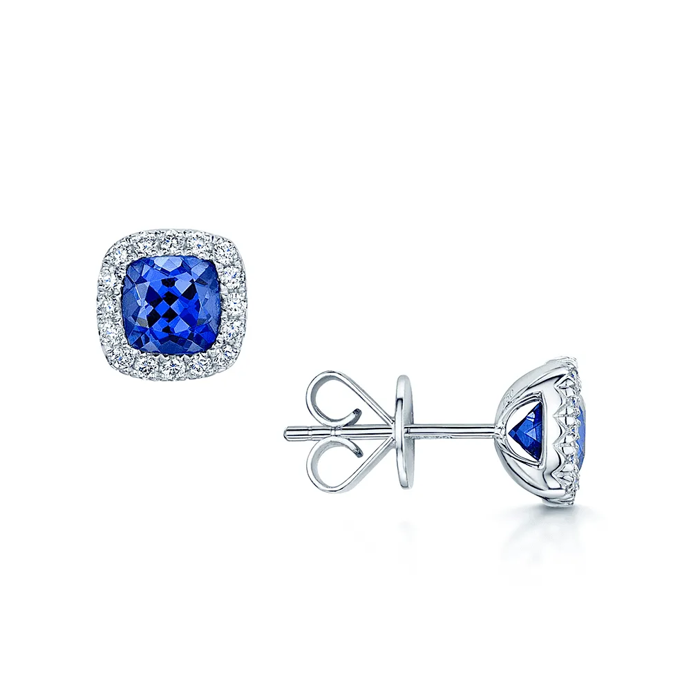 18ct White Gold Cushion Shape Tanzanite & Diamond Stud Earrings