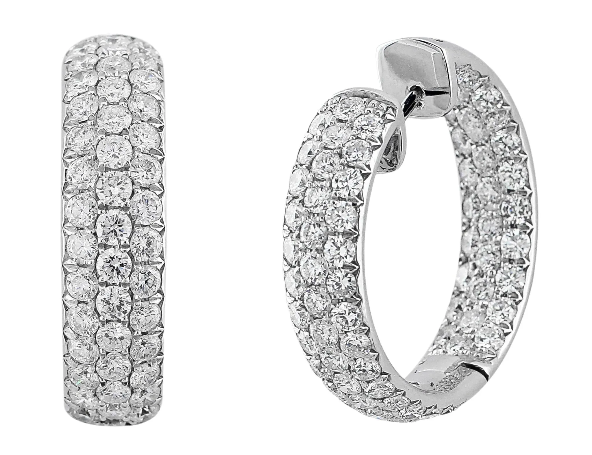 18k White Gold Pave Diamond Hoop Earrings with Hearts