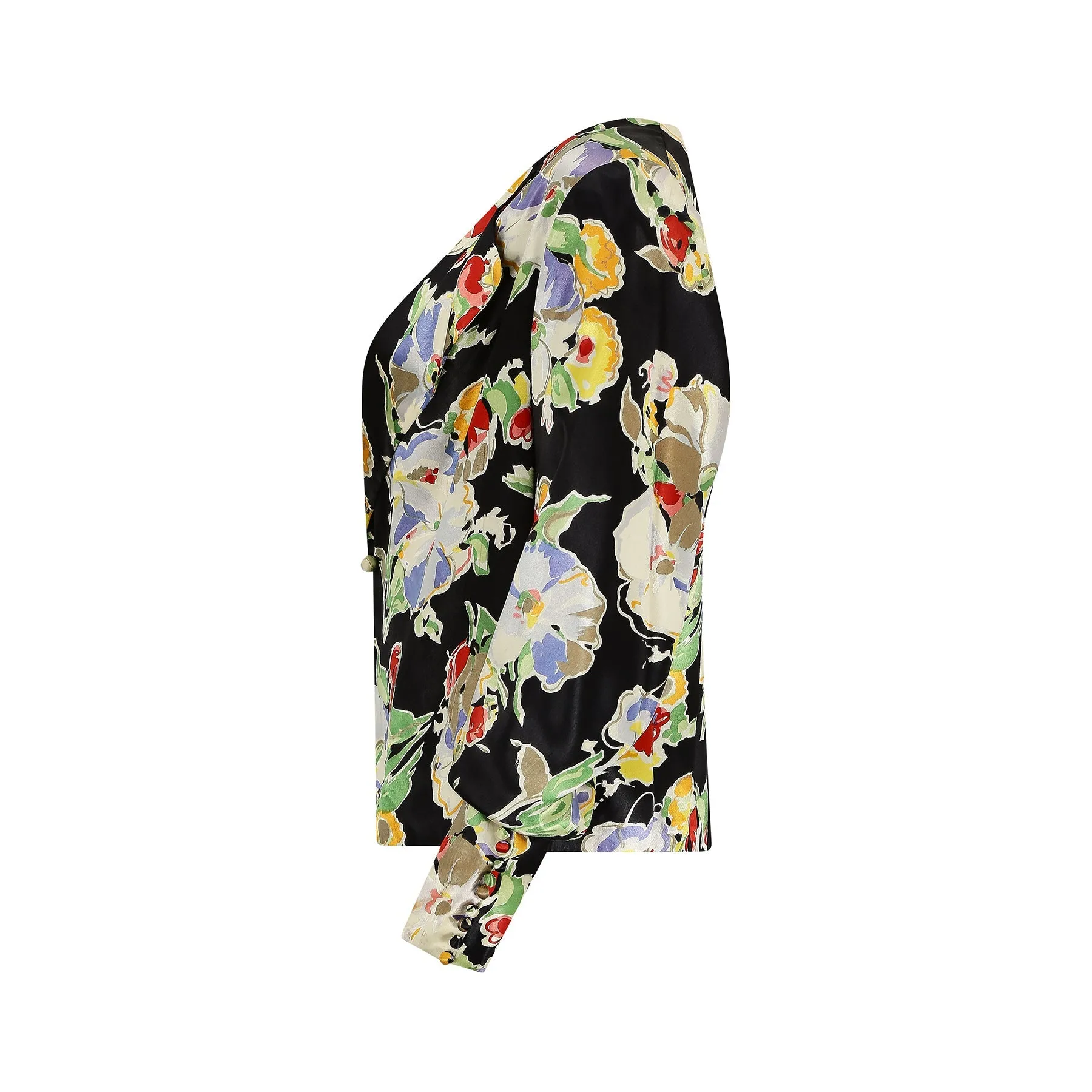 1930s Floral Satin Jacket with Buttoned Cuffs