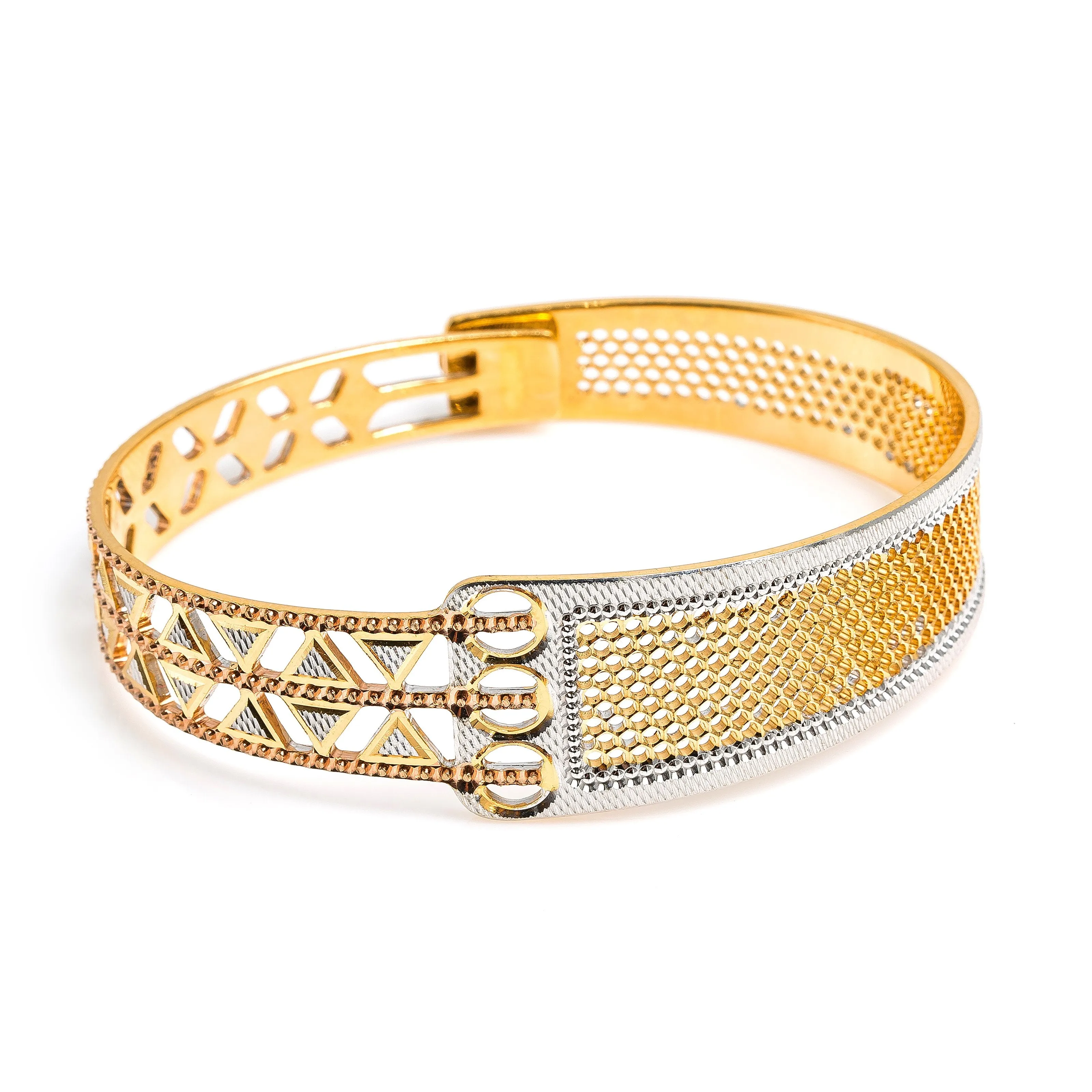 22K Multi Tone Gold Bangle W/ Split Textured Open Design & Openable Band