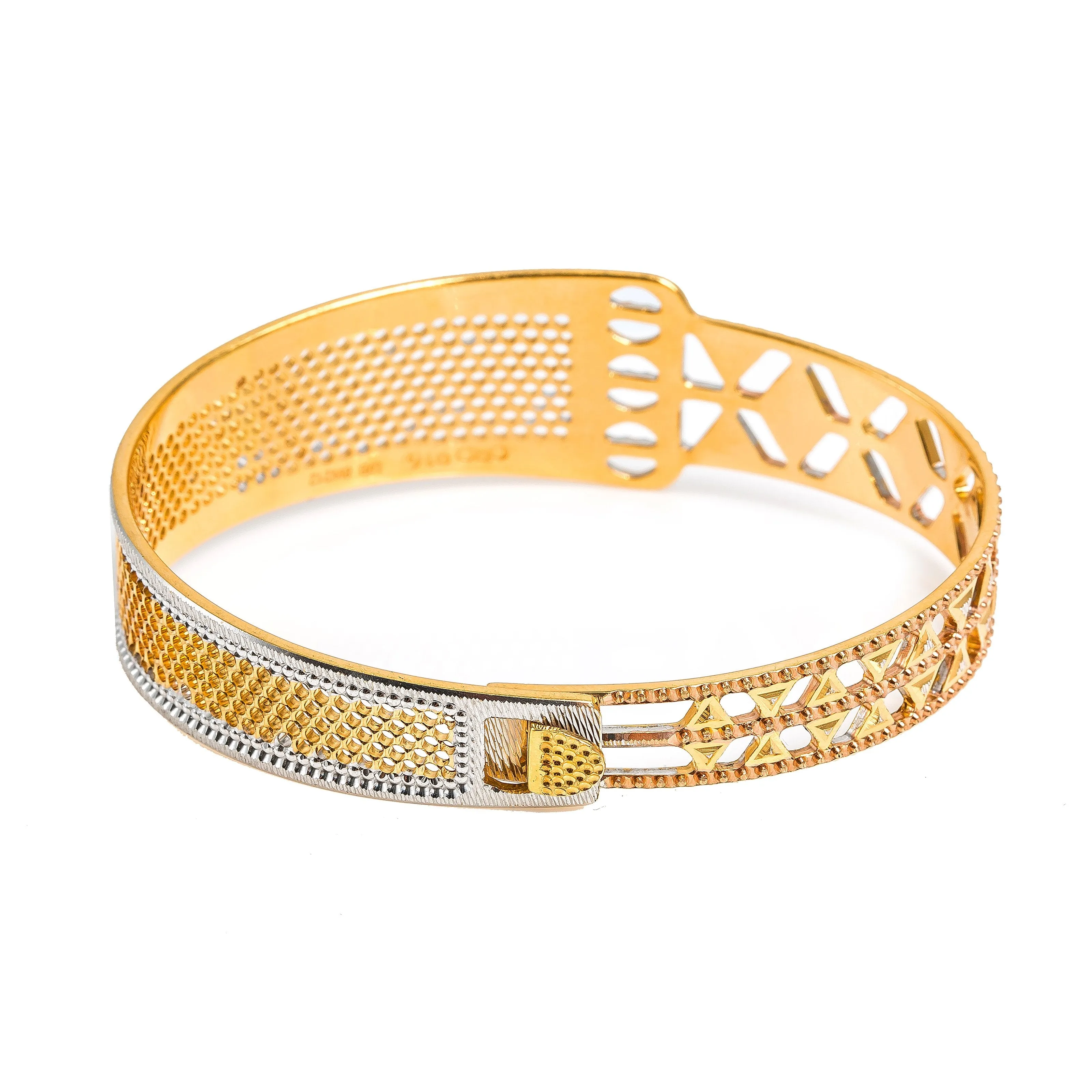 22K Multi Tone Gold Bangle W/ Split Textured Open Design & Openable Band