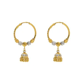 22K Multi Tone Gold Hoop Earrings W/ Gold Shambala Beads & Jhumki Drops