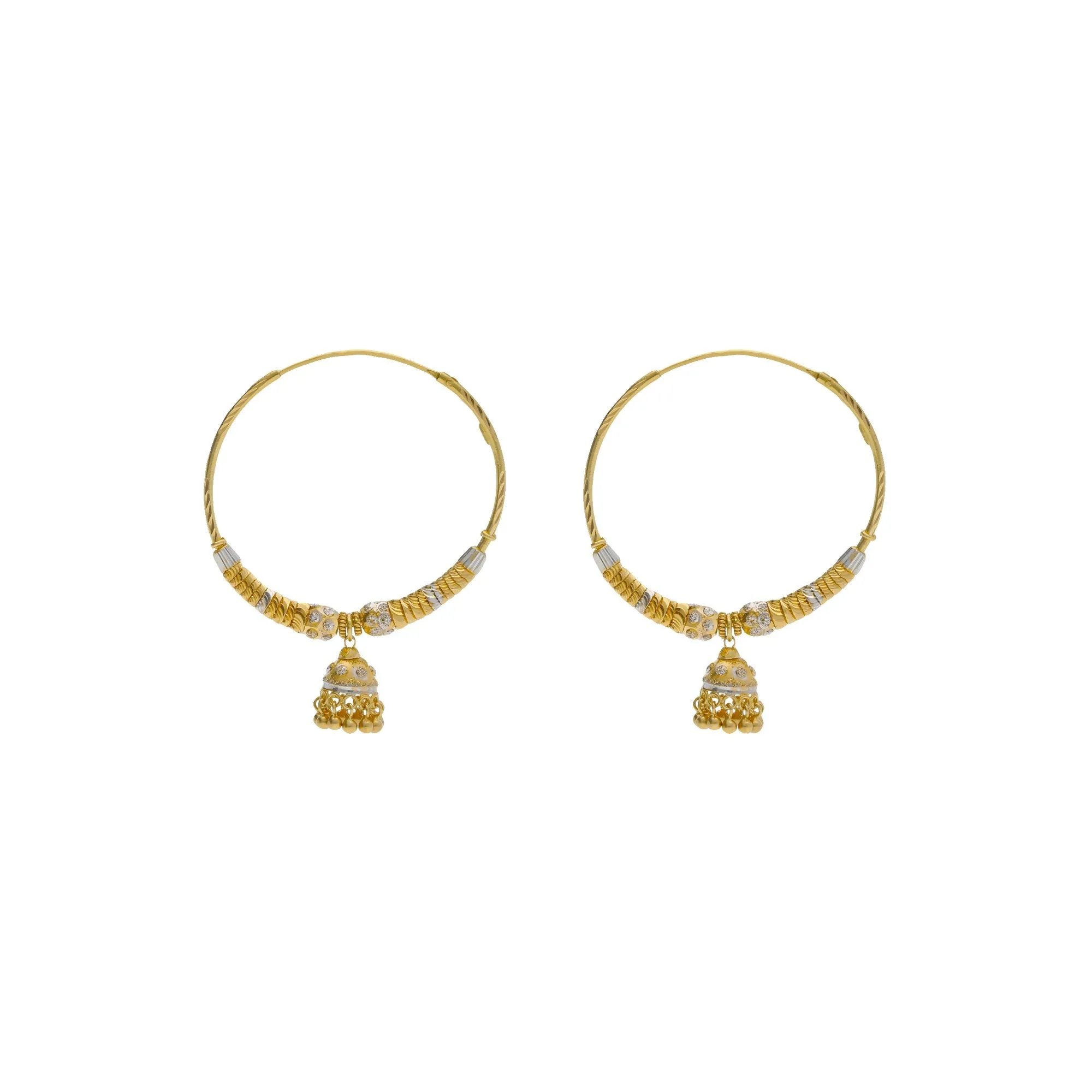 22K Multi Tone Gold Hoop Earrings W/ Shambala Beads, Gold Caps & Jhumki Drops