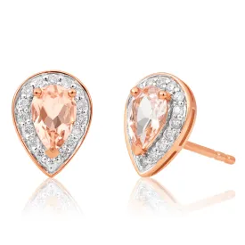 9ct Rose Gold 6x4mm Pear Morganite and 0.15ct Diamond Stud Earrings