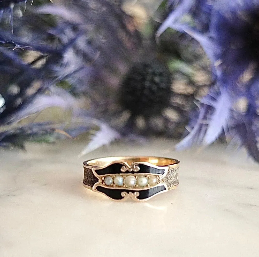 Antique Victorian 1878 Mourning Black Enamel 9ct Gold Ring