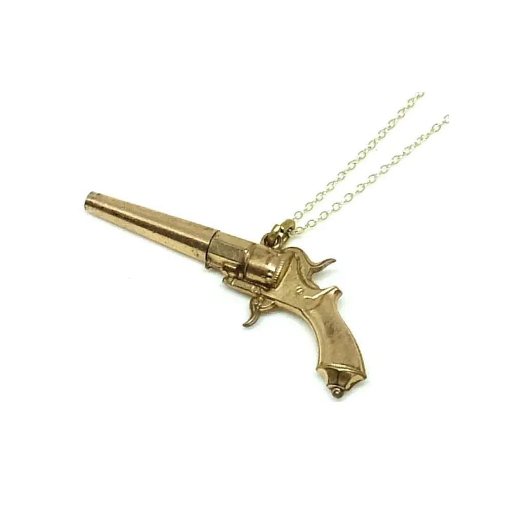 Antique Victorian Yellow Gold Gilt Gun Pocket Watch Key Necklace