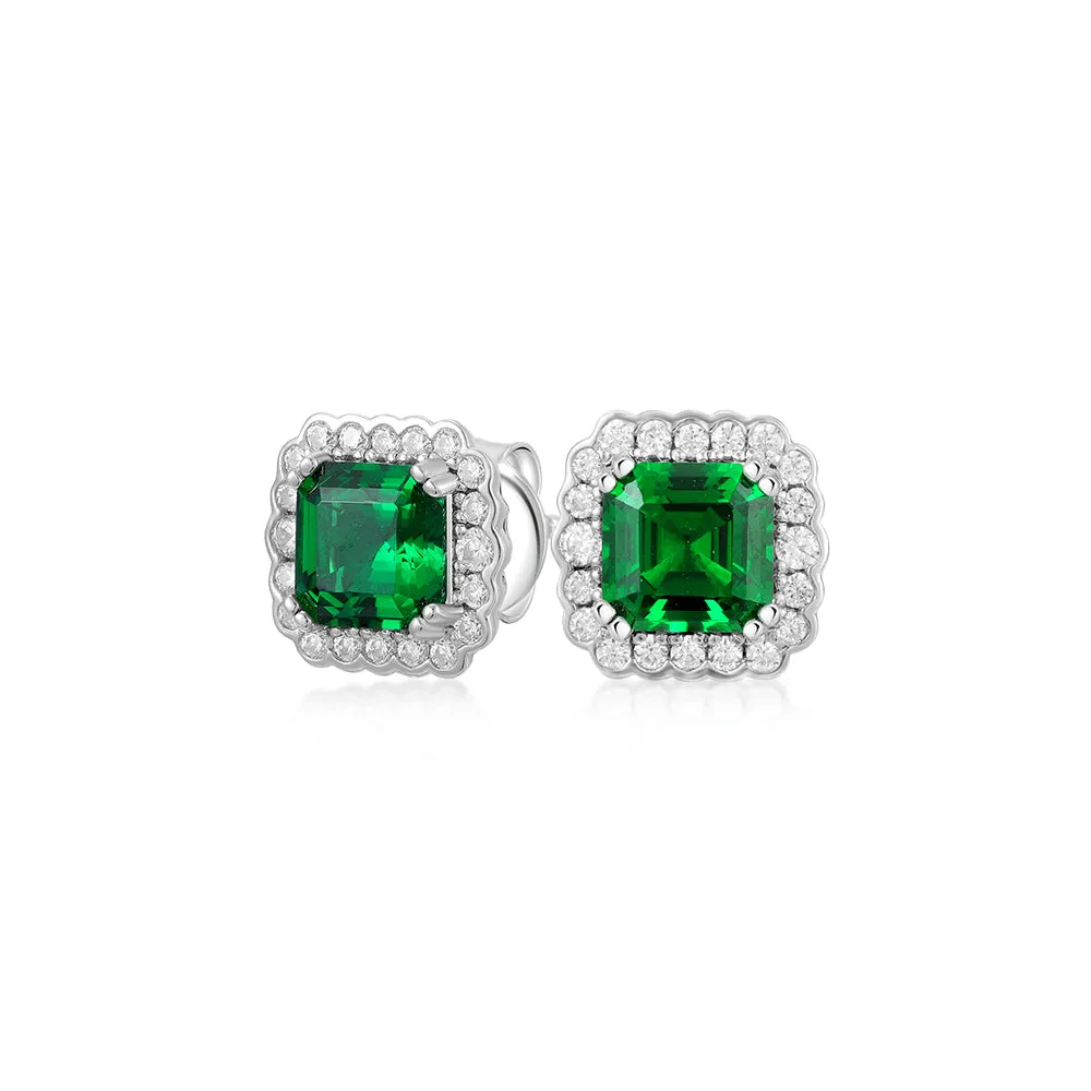 Asscher and Round Brilliant halo stud earrings with emerald simulants and 0.42 carats* of diamond simulants in sterling silver