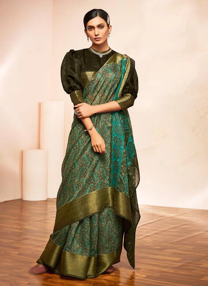 Astounding Dark Olive Green Color Art Silk Fabric Printed Saree