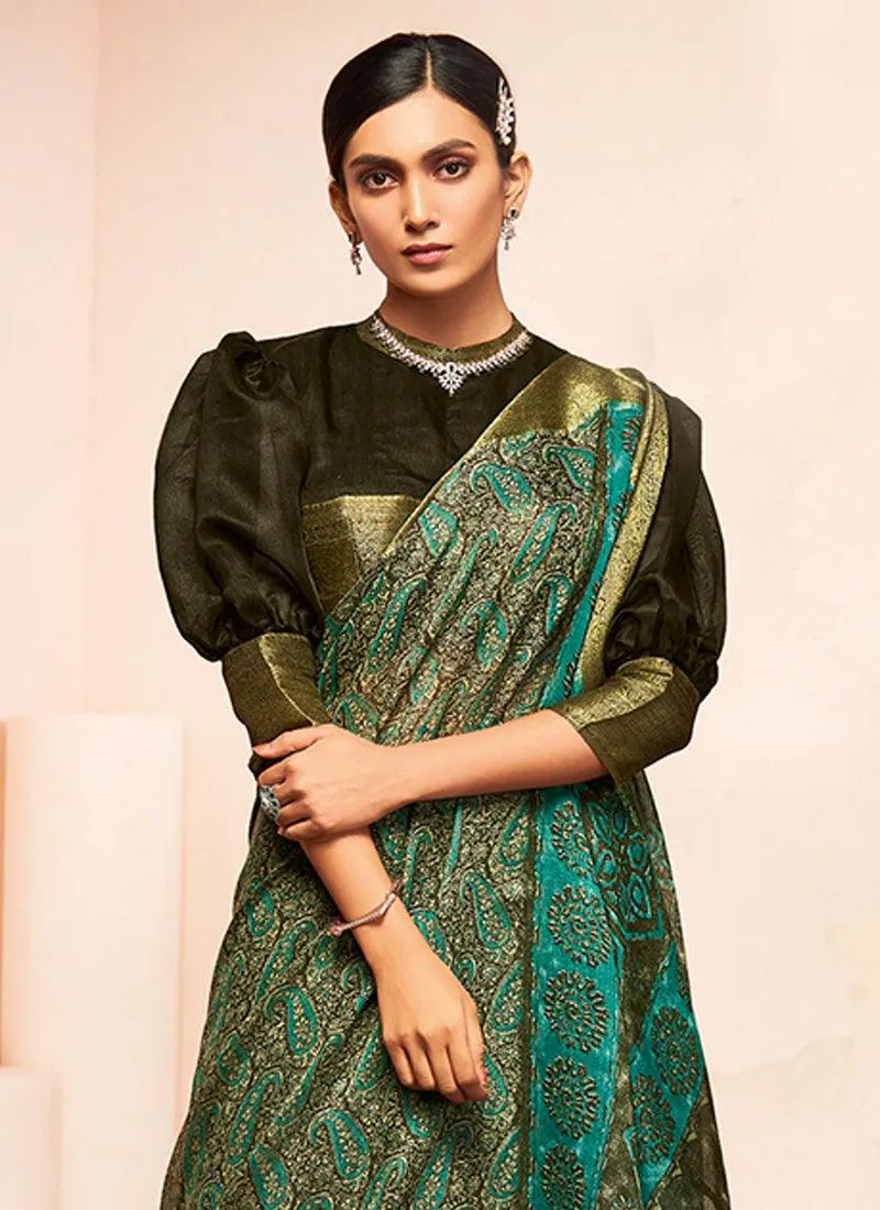 Astounding Dark Olive Green Color Art Silk Fabric Printed Saree