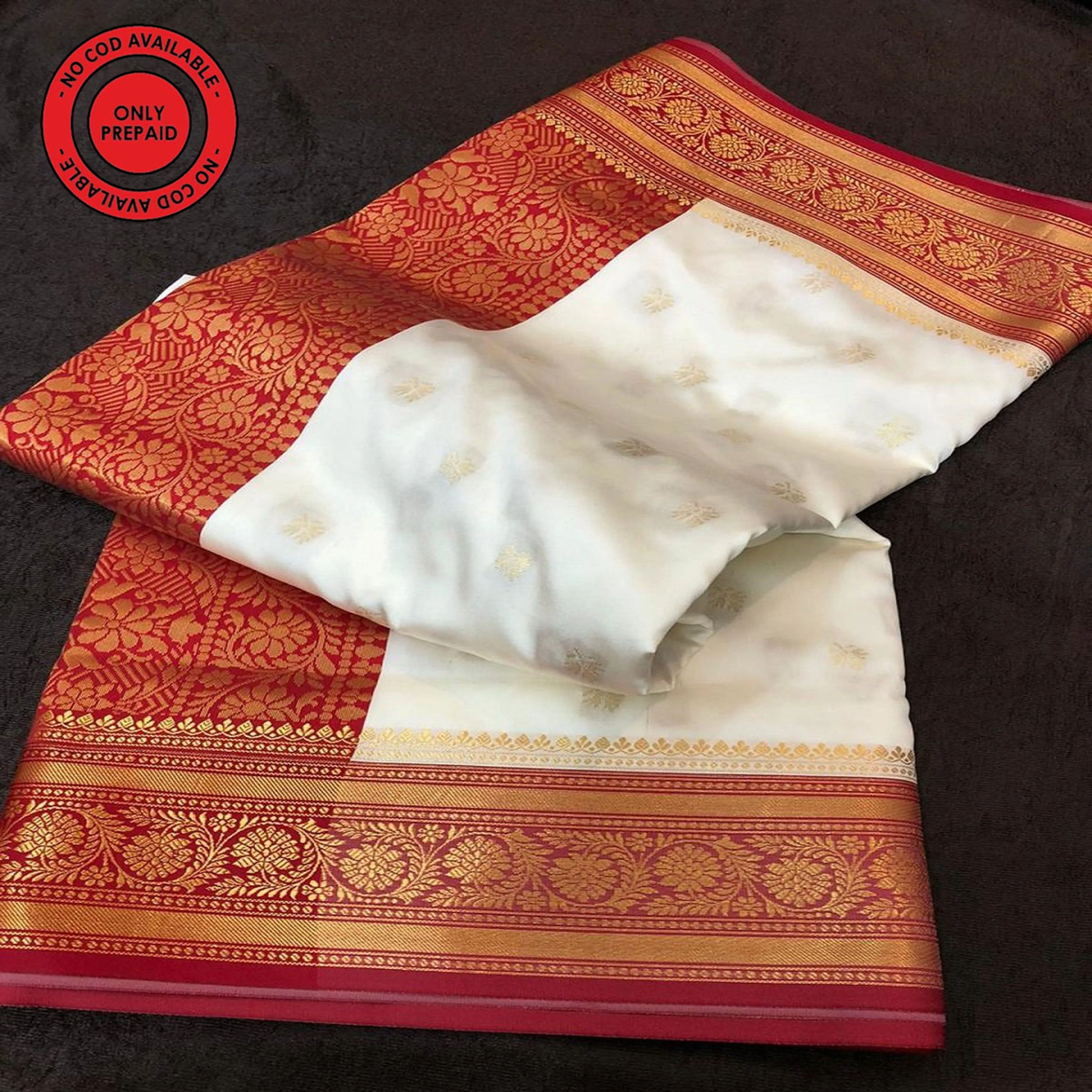 Banarasi Maheshwari Silk Red And Cream Golden Saree