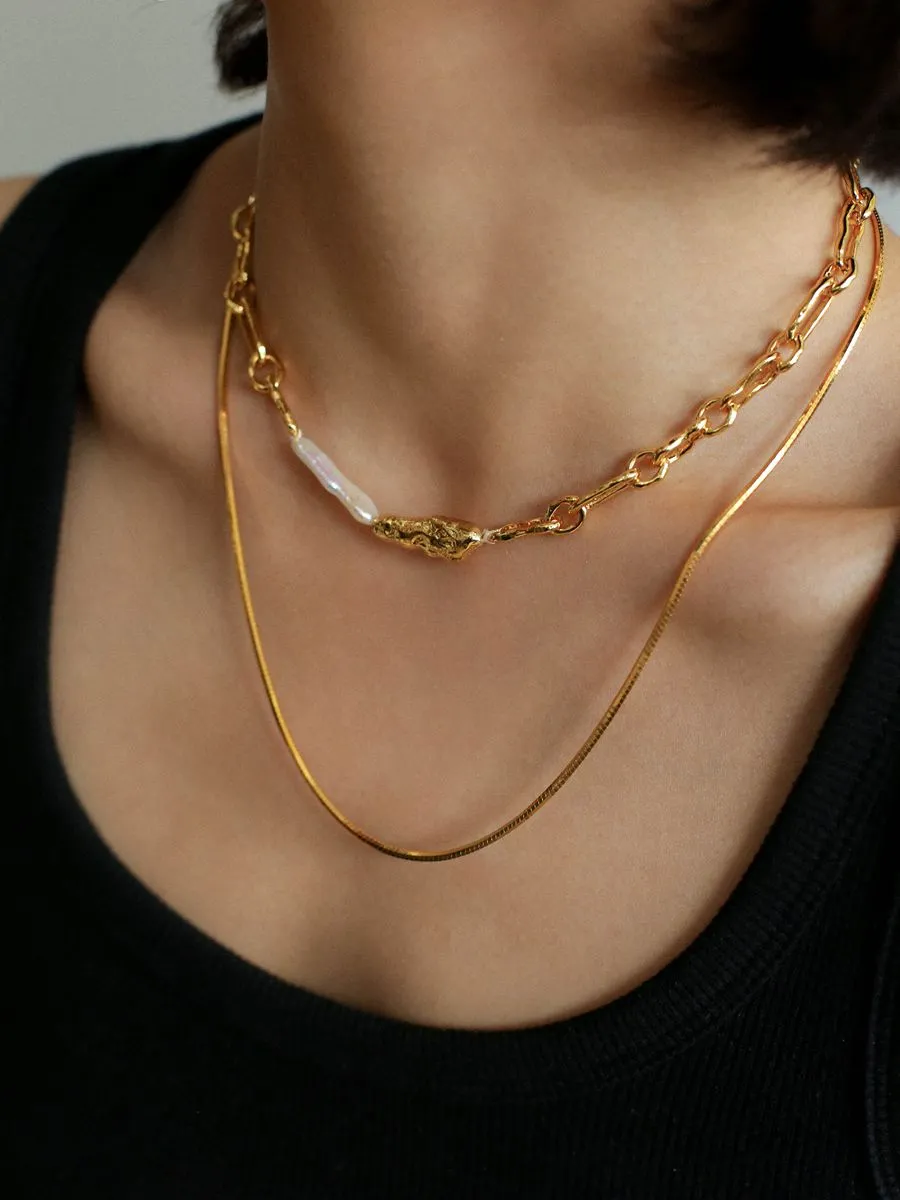 Baroque Pearl Metal Chain Necklace