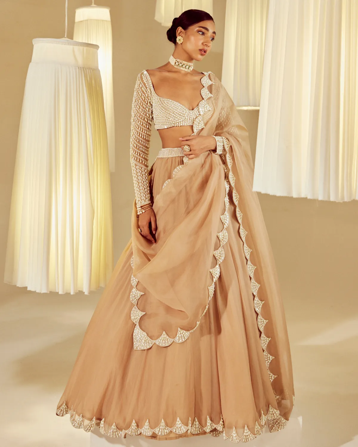 Beige Pearl Embellished Scalloped Lehenga Set