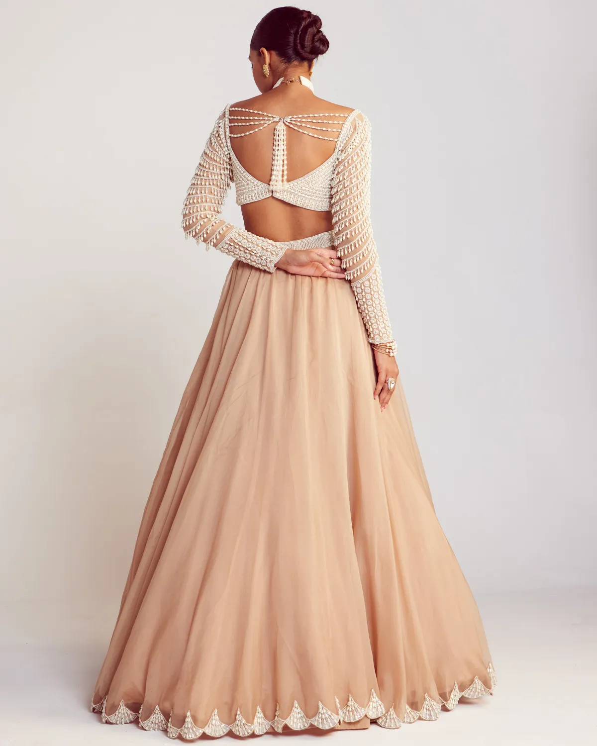 Beige Pearl Embellished Scalloped Lehenga Set