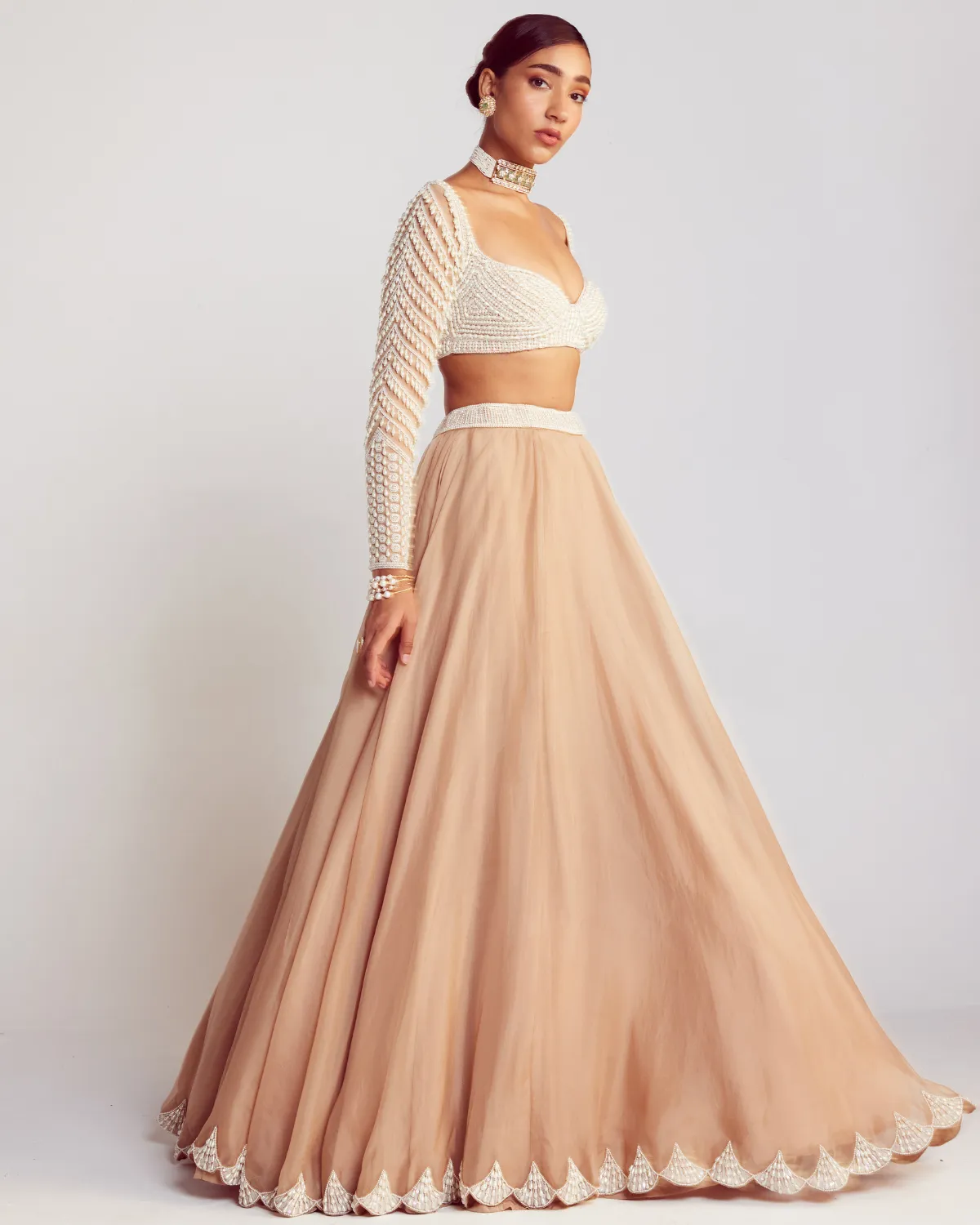 Beige Pearl Embellished Scalloped Lehenga Set