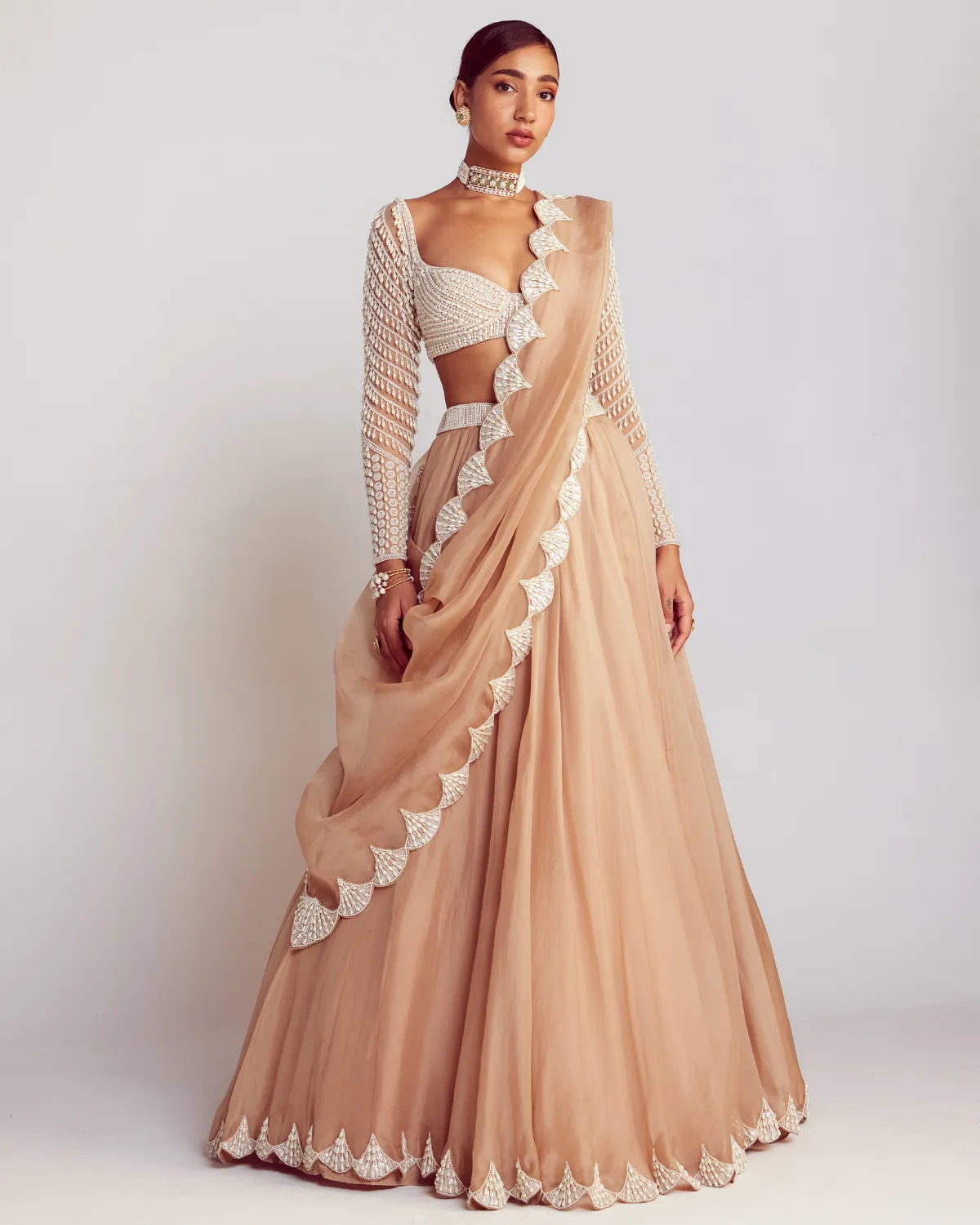 Beige Pearl Embellished Scalloped Lehenga Set