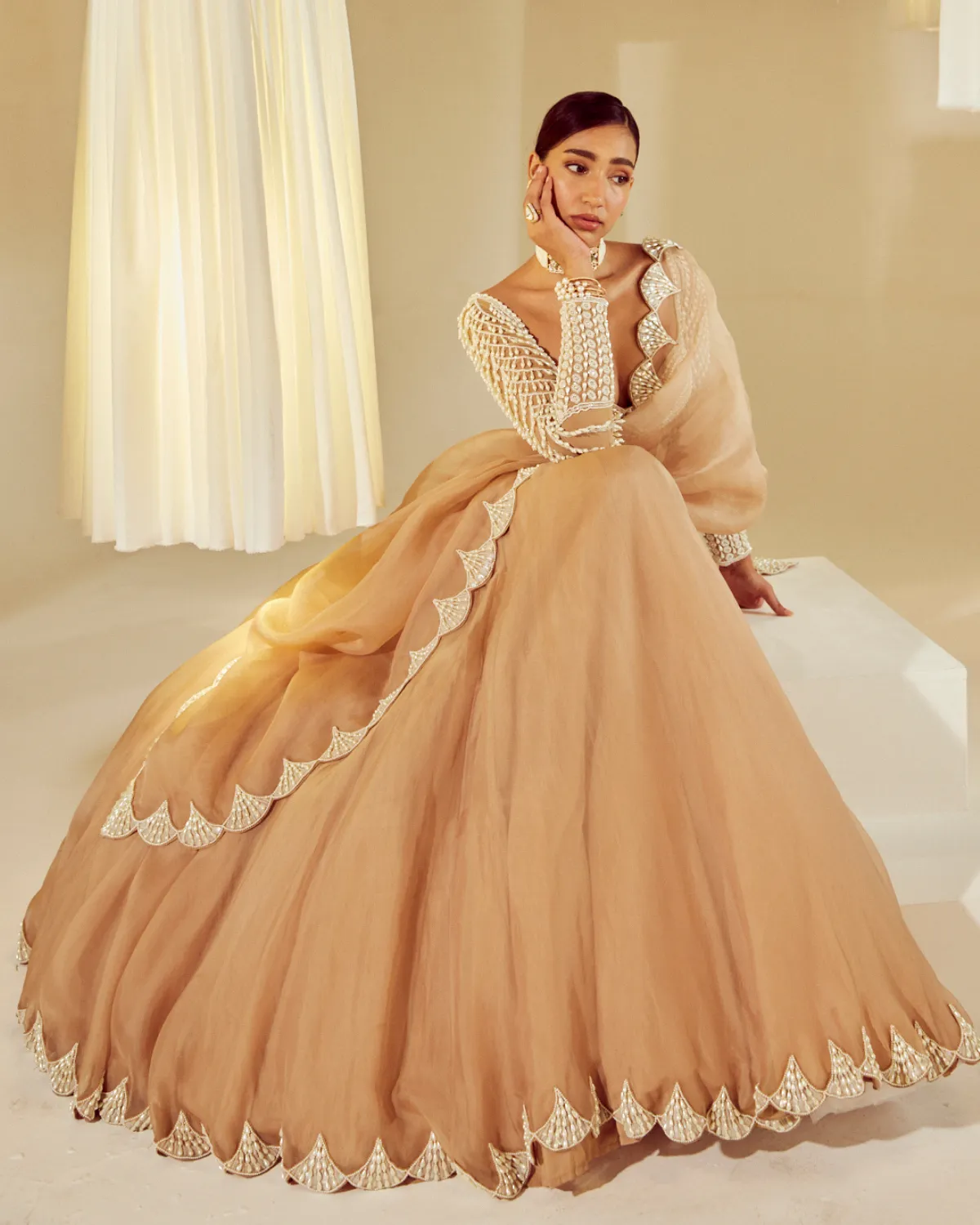 Beige Pearl Embellished Scalloped Lehenga Set