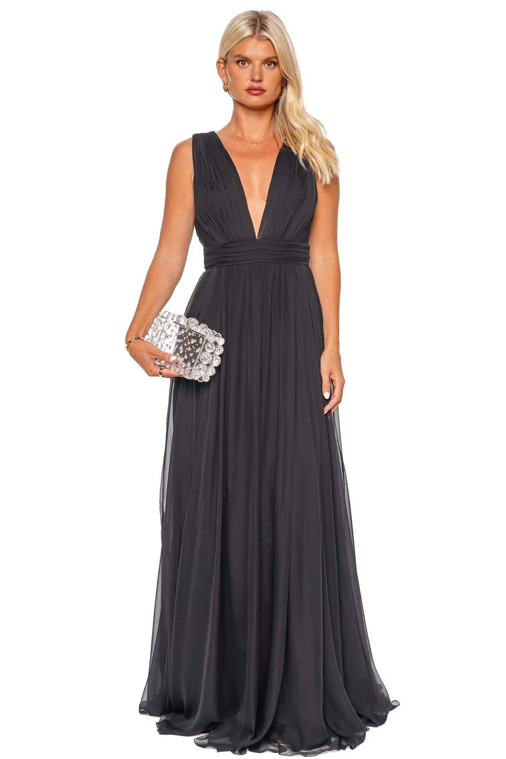 Black Plunge Silk Chiffon Gown