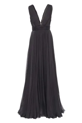 Black Plunge Silk Chiffon Gown