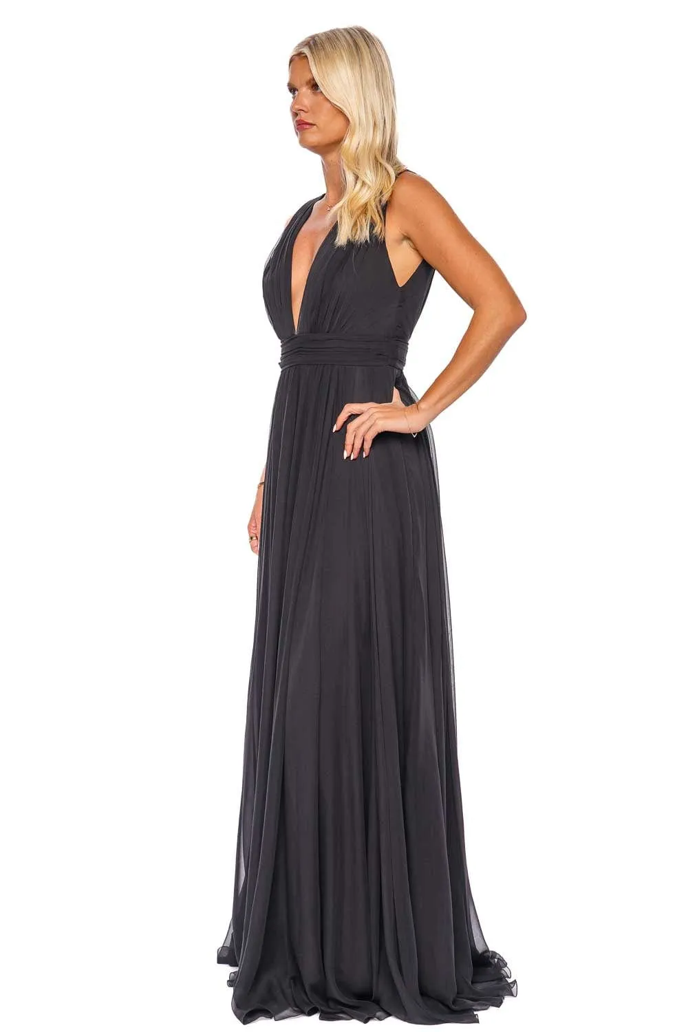 Black Plunge Silk Chiffon Gown