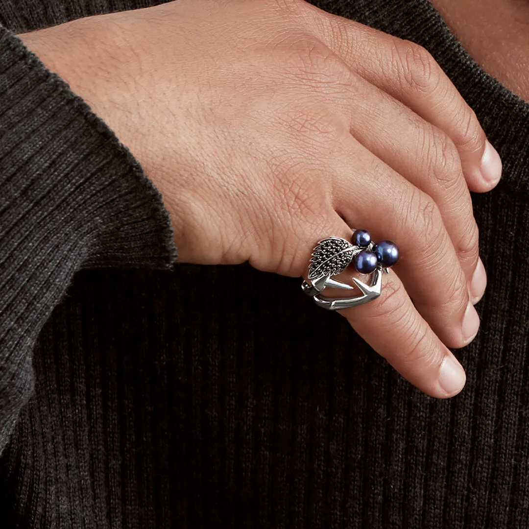 Blackthorn Pearl Leaf Ring - Silver, Black Spinel & Black Pearl