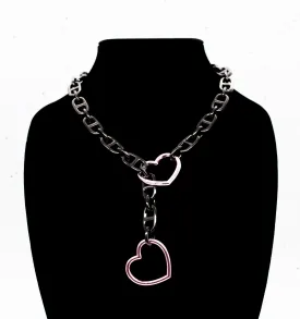 Chunky Gunmetal & Pink Heart Slip Chain Collar