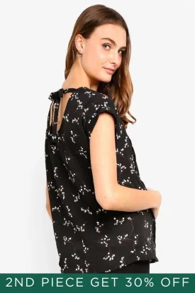 Clarisa Back Bow Black Sprigs Short Sleeve