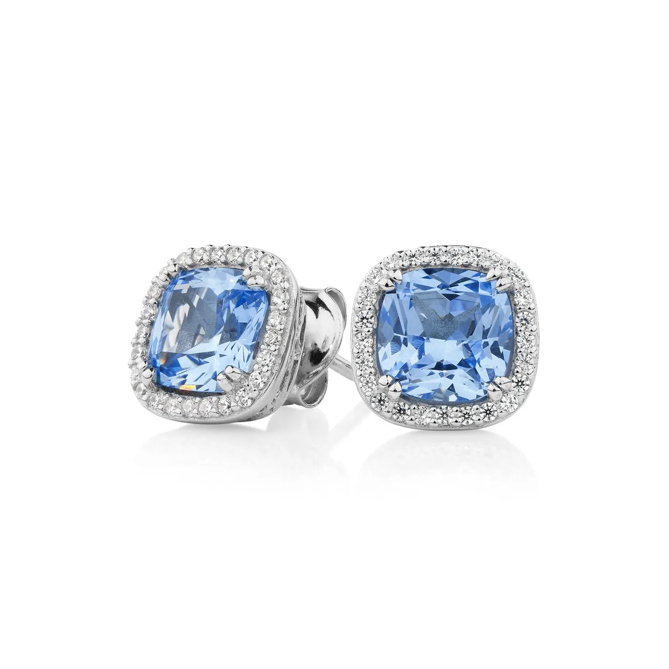 Cushion and Round Brilliant halo stud earrings with blue topaz simulants and 2.81 carats* of diamond simulants in sterling silver