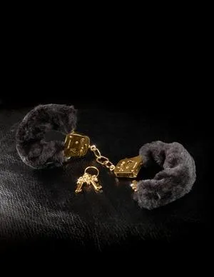 Deluxe Furry Cuffs Black Gold Handcuffs