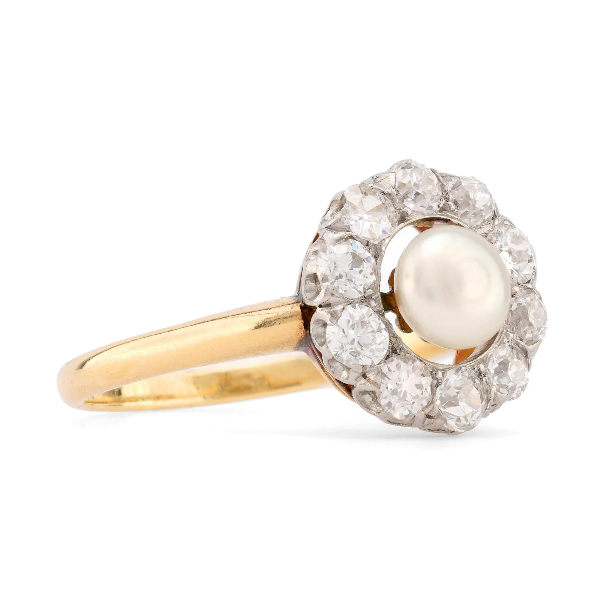 Edwardian Pearl Diamond 18K Yellow Gold Cluster Ring