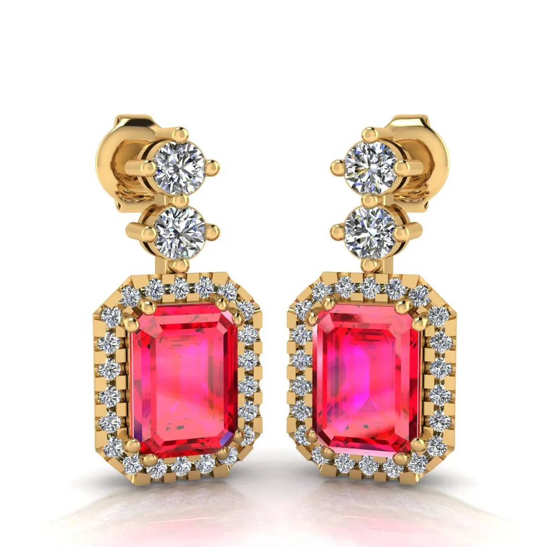 Emerald Cut 1 Carat Ruby Natural Diamond Halo Drop Earrings E1ECR