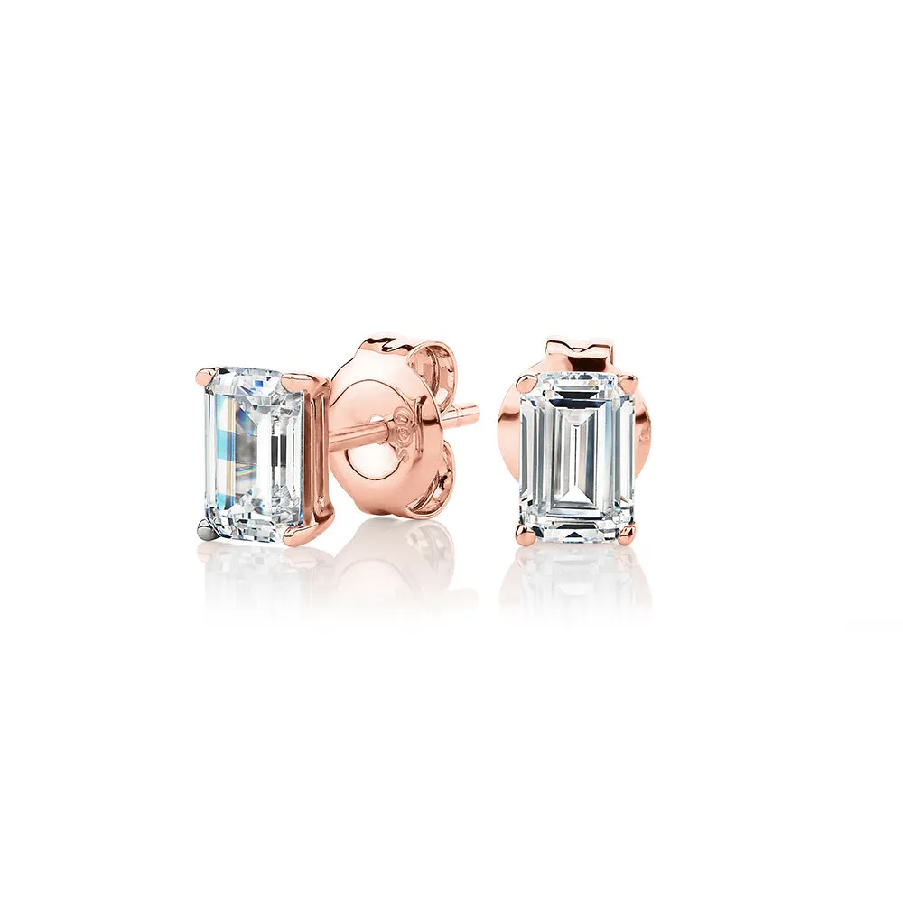 Emerald Cut stud earrings with 1 carat* of diamond simulants in 10 carat rose gold