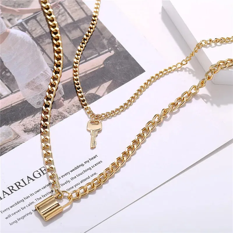 European American Personality Fashion Key Lock Double Layer Retro Necklake